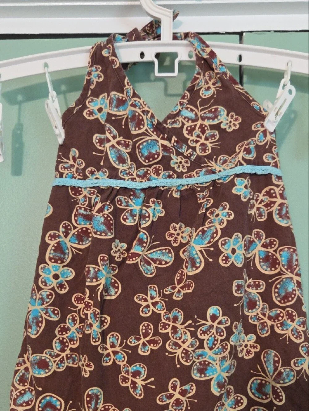 Y2k Zoey Girl Brown Floral Halter Dress with Teal Accents Size 6